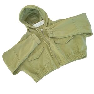 Cropped Hooded Zip Up Jacket, Juniors M, Green Olive, EUC